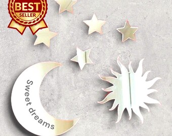 Acrylic Moon, Sun & Stars Mirror Wall Art: Personalized Engraving Available