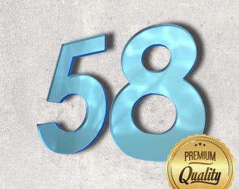Blue Mirror, Floating Finish, Bespoke House Number (per digit) - Many Fonts and Size options