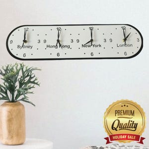 Personalized Four Time Zone Clock: Large Black & White Wall Decor