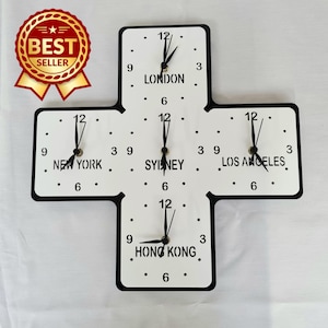 Family, Friends & Place Names, Five Time Zone Cross Style Clocks. Many colour options.