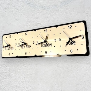 Personalised Four Time Zone Clock Rectangular with both wall fixing and desktop stand included. Many colour and size options. zdjęcie 3