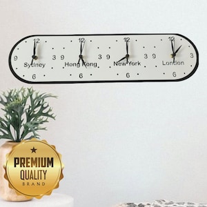 Family, Friends & Place Names, Four Time Zone Clock (Rounded) with wall fixings and desktop stand included. Many colour options. 50cm x 15cm