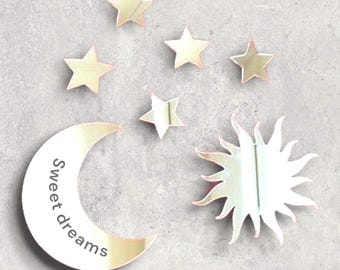 Acrylic Moon, Sun & Stars Mirror Wall Art: Personalized Engraving Available