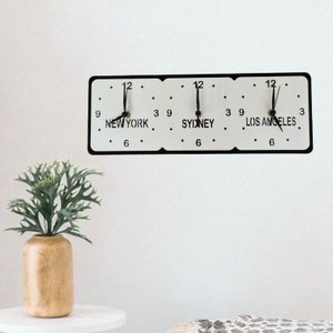 Family, Friends & Place Names, Three Time Zone Clock (Rectangular) with both wall fixing and desktop stand included. Many colour options.