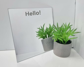 May include: A silver mirror with the word "Hello!" printed on it. Two small potted plants with green leaves are in front of the mirror.
