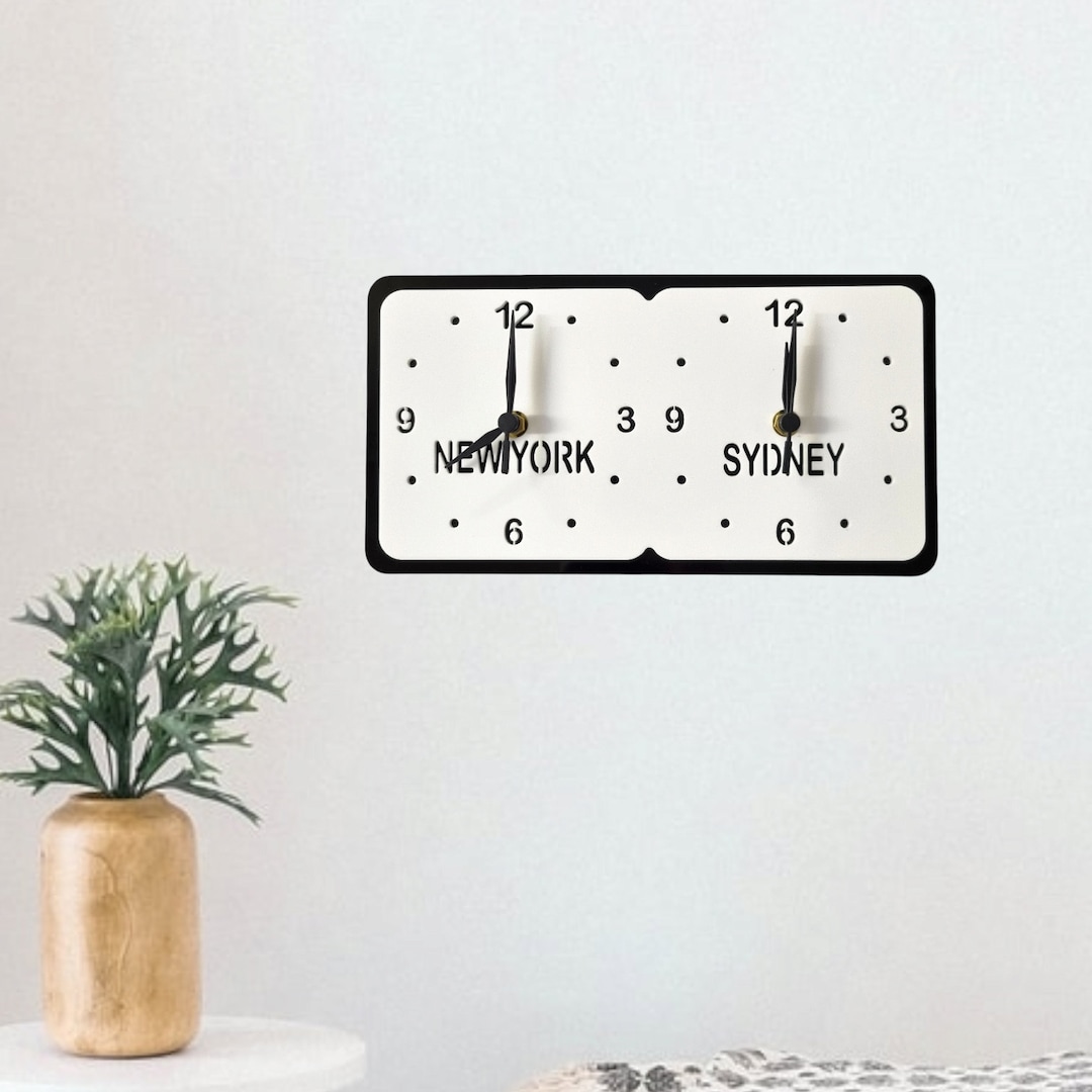 Personalised Two Time Zone Clock rectangular With Both Wall Fixing and