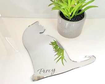 May include: A silver mirror shaped like a cat sitting with the name Percy engraved on it. The mirror is reflecting a green plant in a pot.