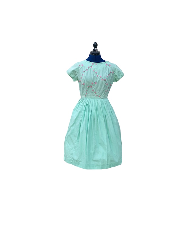 1950s Seafoam Green and Pink Embroidered Cotton Da