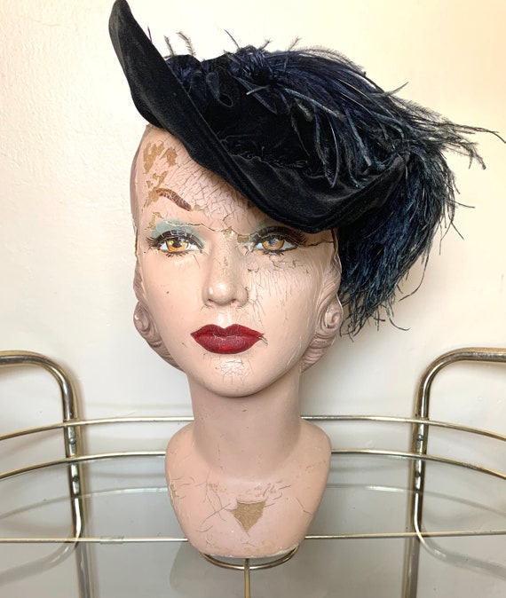 1940s Black Velvet Feathered Tilt Hat