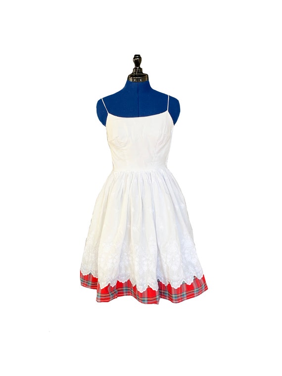 1950s White and Red Tartan Cotton Day Dress