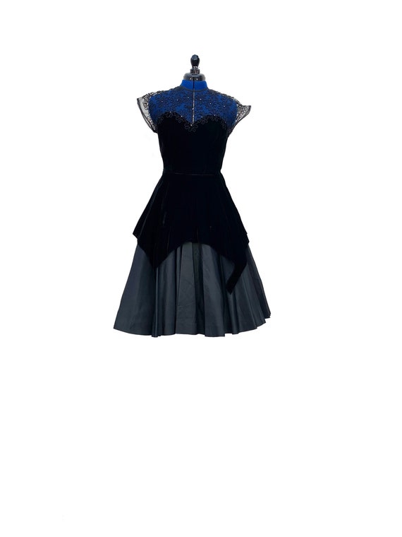 1950s Black Velvet and Taffeta Rhinestone Party Dr