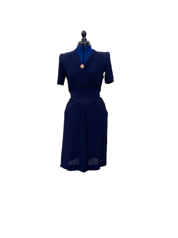1940s Navy Rayon Day Dress with Tied Waist