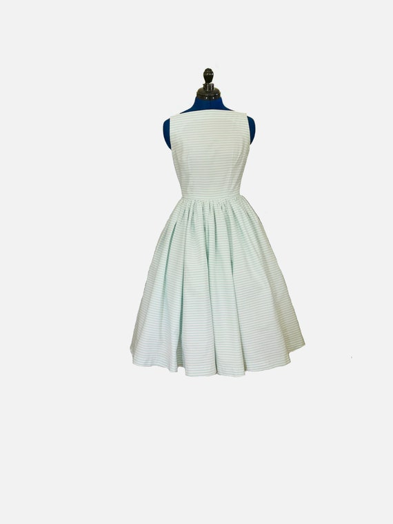 1950s Pastel SeaFoam Green Stripe Cotton Day Dress