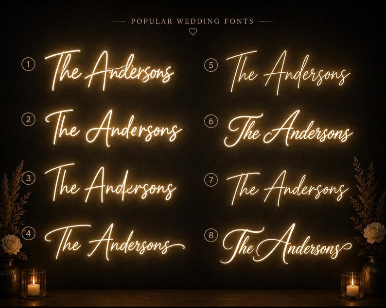 K&ouml;nnte beinhalten: Acht verschiedene Neon-Design-Beispiele mit dem Schriftzug "The Andersons" in unterschiedlichen Schriftarten, vor dunklem Hintergrund. Der Text "POPULAR WEDDING FONTS" steht oben. Kerzen und Blumengestecke sind als Dekoration zu sehen.