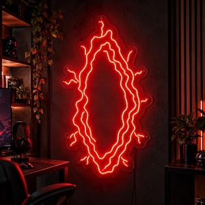 May include: A vertical neon sign featuring a bright red, jagged, oval-shaped light pattern that resembles a portal or electrical discharge. The glowing red light is mounted on a clear acrylic backing with visible mounting holes at the edges.