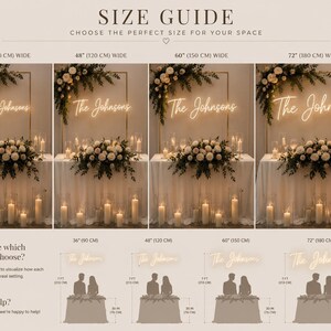 K&ouml;nnte beinhalten: Gr&ouml;&szlig;en&uuml;bersicht f&uuml;r ein Hochzeits-Neon-Schild, die vier verschiedene Breiten zeigt: 90 cm, 120 cm, 150 cm und 180 cm. Jede Darstellung zeigt ein Blumenarrangement, Kerzen und den Text "The Johnsons".