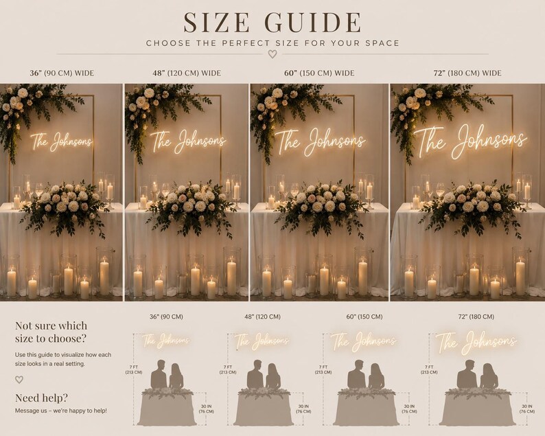 K&ouml;nnte beinhalten: Gr&ouml;&szlig;en&uuml;bersicht f&uuml;r ein Hochzeits-Neon-Schild, die vier verschiedene Breiten zeigt: 90 cm, 120 cm, 150 cm und 180 cm. Jede Darstellung zeigt ein Blumenarrangement, Kerzen und den Text "The Johnsons".
