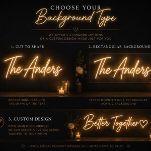 K&ouml;nnte beinhalten: Werbung f&uuml;r individuelle Neon-Schilder. Das Bild zeigt drei Optionen: Formzuschnitt, rechteckiger Hintergrund und individuelles Design. Der Text enth&auml;lt "The Anders" und "Better Together" in leuchtender Schrift. Der Hintergrund ist dunkel mit floralen Akzenten.
