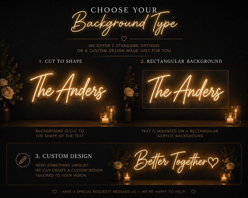 K&ouml;nnte beinhalten: Werbung f&uuml;r individuelle Neon-Schilder. Das Bild zeigt drei Optionen: Formzuschnitt, rechteckiger Hintergrund und individuelles Design. Der Text enth&auml;lt "The Anders" und "Better Together" in leuchtender Schrift. Der Hintergrund ist dunkel mit floralen Akzenten.
