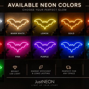 May include: A grid display of bat-shaped neon signs in eleven colors: cold white, warm white, lemon, gold, orange, red, pink, purple, blue, ice blue, and green. Text includes AVAILABLE NEON COLORS, CHOOSE YOUR PERFECT GLOW, and JustNEON LIGHT UP YOUR STORY.