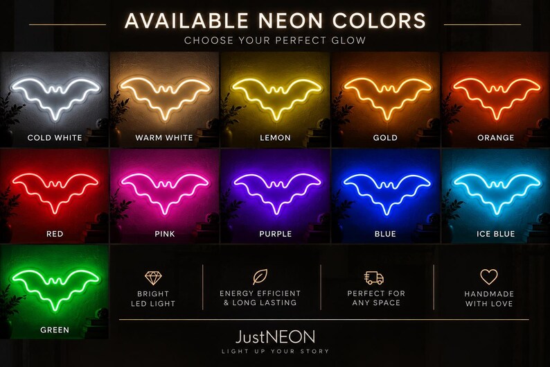 May include: A grid display of bat-shaped neon signs in eleven colors: cold white, warm white, lemon, gold, orange, red, pink, purple, blue, ice blue, and green. Text includes AVAILABLE NEON COLORS, CHOOSE YOUR PERFECT GLOW, and JustNEON LIGHT UP YOUR STORY.