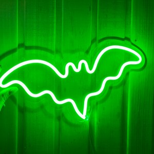 May include: A bright green neon sign shaped like a bat with outstretched wings. The light emits a vibrant glow, highlighting the distinct silhouette of the creature against the vertical paneling. The sign features a clear acrylic backing.