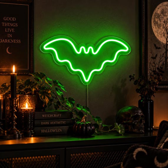 Bat Neon Sign, Halloween Light, Whimsigoth Wall Decor