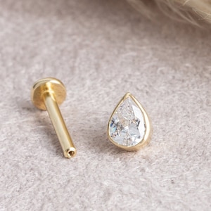 Drop Piercing, 14K Solid Gold Tropfen Ohrring, Birnen Form, CZ Piercing, Drop Stud Ohrring, Geschenk für sie, Geschenk für Freunde, Geschenk für Frau