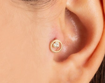 Dainty 14k Solid Gold CZ Circle Heart Tragus Piercing, Heart Piercing, Gold Heart Earring,  Screwback Ear Piercing