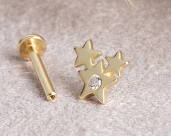 Three Stars Piercing, 14K Solid Gold Piercing, Screw Back Earring, Gold Star Piercing, Helix Piercing,  Gift for Her, Gift for Friend