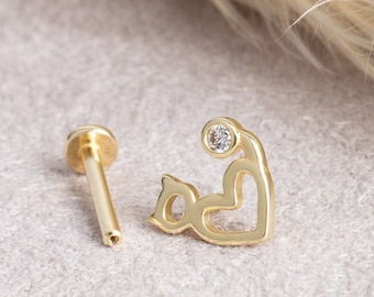 Cat Piercing, 14K Solid Gold Animal Earring, Cat Lovers Piercing , Screw Back Piercing, Gift for Animal Lovers, Gift for Cat Person