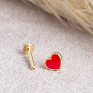 Piercing de coração, joia de coração em ouro maciço 14K, brinco de coração esmaltado, piercing tragus, brinco de hélice, presente para amor, presente para amigos