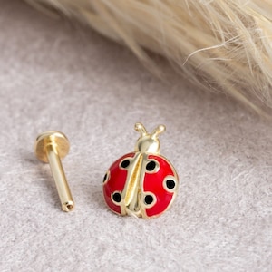 Piercing a forma di coccinella, orecchino a forma di coccinella in oro massiccio 14 carati, gioiello con animali, piercing al trago a forma di coccinella, orecchino a forma di scarabeo, gioiello portafortuna, regalo per lei