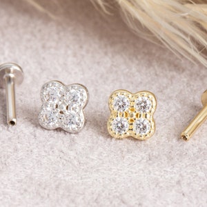 Clover Piercing, 14K Solid Gold CZ Four Leaf Clover Earring,  Flower Piercing, Clover Jewelry, Gift for Mom, Gift for Her, Gift for Wife