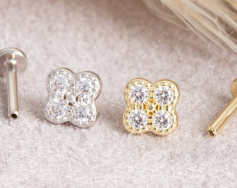 Clover Piercing, 14K Solid Gold CZ Four Leaf Clover Earring,  Flower Piercing, Clover Jewelry, Gift for Mom, Gift for Her, Gift for Wife