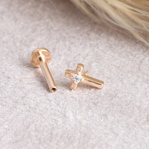 Cross Piercing, 14k Solid Gold CZ Cross Piercing ,Cross Jewelry, Religious Jewelry,  Gift for Mom, Gift for Parents