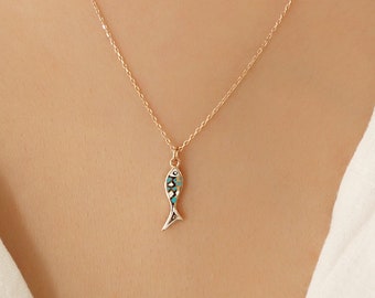 Fisch Halskette, Strand Halskette, kleine 14k Solid Gold Kette Pisces Anhänger Halskette, Muttertagsgeschenk, Geschenk für Mama, Geschenk für die Mutter