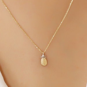Tiny 14k Solid Gold Chain and Delicate 14k Gold Pineapple Pendant Necklace, Pineapple Necklace, Pineapple Jewelry
