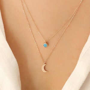 Tiny 14k Solid Gold Curb Chain and Delicate 14k Gold Turquoise Beaded Moon Layered Necklace image 1