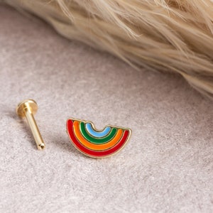 Rainbow Piercing, 14K Solid Gold Stud Colorful Piercing, Rainbow Earring, Screw Back Ear Stud, Rainbow Helix, Summer Jewelry