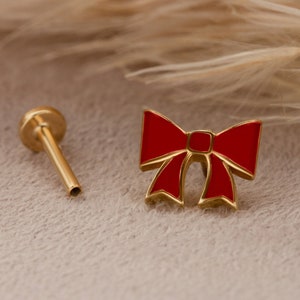Ribbon Piercing, 14K Solid Gold Bow Piercing, Ribbon Bow Earring, Red Enamel Tragus, New Year Jewelry