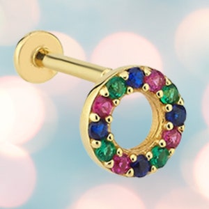 Piercing arc-en-ciel CZ, piercing cercle en or massif 14 carats, boucles d'oreilles arc-en-ciel, piercing hélice, bijoux arc-en-ciel, cadeau de Noël