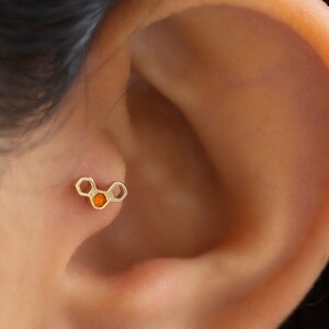 Honeycomb Figure Helix, Dainty 14k Solid Gold Tragus, Conch, Ear Cartilage Piercing, Bee Piercing, Mother's Day Gift