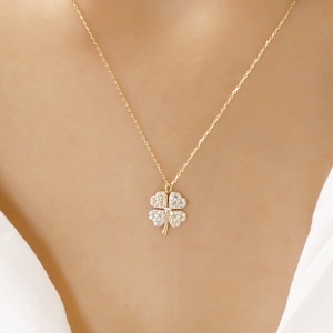 Tiny 14k Solid Gold Chain and Delicate 14k Gold Four Leaf Clover Luck Pendant CZ Necklace