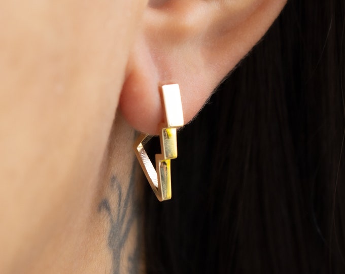 14k Solid Gold Tiny Latch Back Lightning Bolt Earring