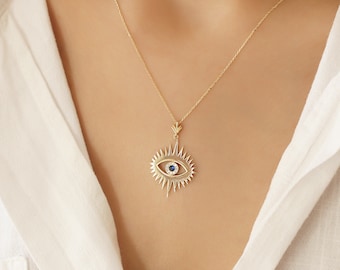 Dainty 14k Solid Gold Evil Eye With Lashes Pendant Necklace