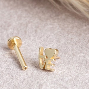 Piercing de carta de amor, script de amor, piercing de ouro maciço 14K, brinco de carta, presente para amor, presente de aniversário, presente para amigos, presente para família