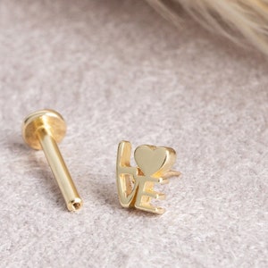 LOVE Letter Piercing, LOVE Script, 14K Solid Gold Piercing,  Letter Earring, Gift for Love, Birthday Gift, Gift for Friends, Gift for Family