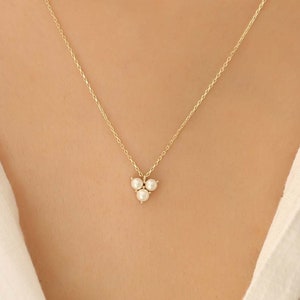 Delicate 14k Solid Gold Three Pearls Triangle Pendant Necklace