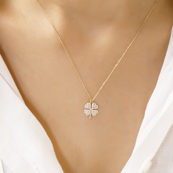Tiny 14k Solid Gold Chain and Delicate 14k Gold Four Leaf Clover